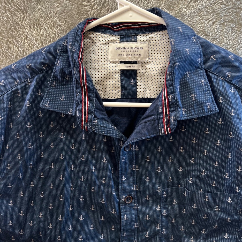 Denim & Flower Ricky Singh Mens Slim Fit Large Navy‎ Blue Anchor Nautical Beach
